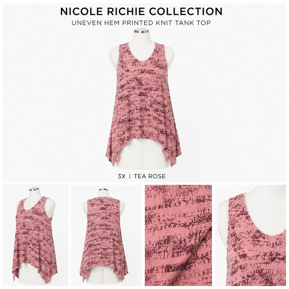 Nicole Richie Collection Uneven Hem Printed Knit Tank Top Tea Rose Pink‎ 3X NEW